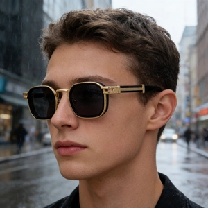 Detailed view of punk style square sunglasses with gold metal frame and screw accents