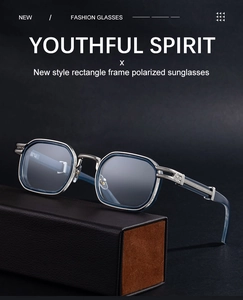Detail of silver rectangle polarized sunglasses featuring blue rims and M logo hinge