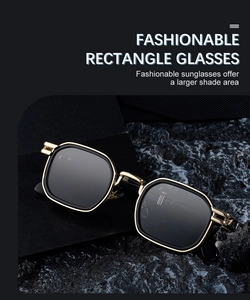 Detail view of square punk polarized sunglasses with gold metal frame and black lenses