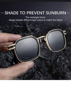Detailed close-up of golden metal sunnies featuring retro punk engraved temple patterns