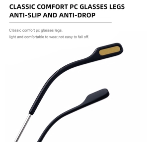 Detail of square sunglasses PC temples with anti-slip golden grid texture and metal core