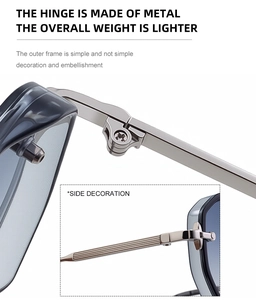Detailed close-up of premium metal hinge and striped side decoration on square sunglasses