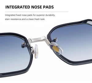 Detail view of square frame sunglasses with integrated nose pads and silver metal bridge