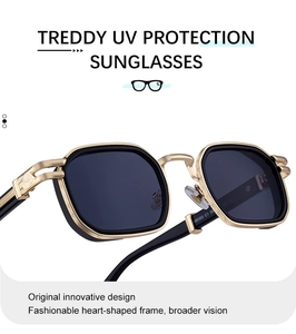 Detailed macro of golden metal frame hinge with M logo and dark square lenses