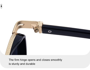 Detail of the sturdy golden metal hinge on square polarised punk sunglasses
