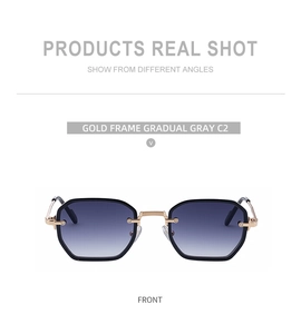 Detailed front view of gold metal sunglasses with elegant gradient gray lenses