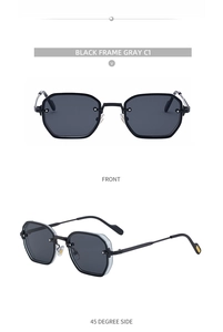 Front and side view of retro punk square sunglasses with black frame and gray lenses