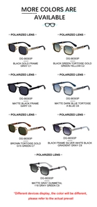 Close-up of rectangular polarized sunglasses in seven vibrant color lens variations