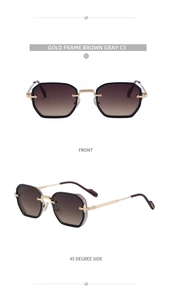 Front and side view of square gold frame sunglasses with gradient brown gray lenses