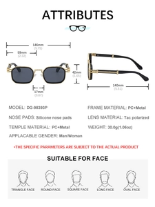 Detailed size specifications for square frame polarized sunglasses with dimensions and model info