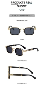 Three views of retro square polarized sunglasses with black gold frames and gray lenses