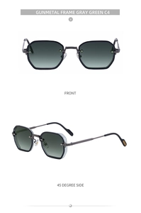 Front and 45-degree side view of gunmetal square sunglasses with gray green gradient lenses