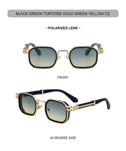 Detail view of square punk sunglasses with gold metal frame and gradient polarized lenses