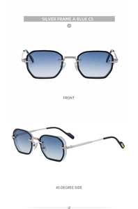 Front and 45-degree side views of silver hexagonal sunglasses with blue gradient lenses