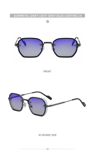 Front and 45-degree side view of gunmetal gray square metal sunglasses with light blue lenses