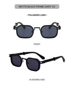 Front and profile view of matte black square polarized sunglasses with gray lenses