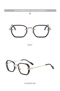 Detail view of hexagonal anti-blue light glasses with gold metal and black frames