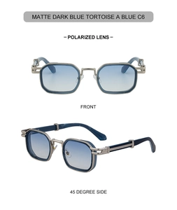 Detail of retro hexagonal sunglasses with matte blue tortoise frame and polarized lens