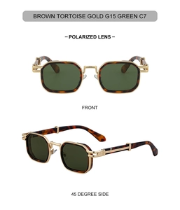 Detailed front and side views of brown tortoise square sunglasses with polarized G15 lenses