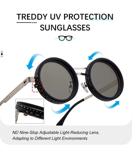 Detail of adjustable ND2-400 polarized lens dial on round vintage sunglasses