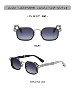 Detail view of retro square polarized sunglasses with silver-black frame and gradient lens