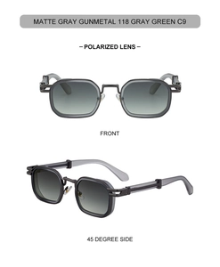 Detailed view of matte gray gunmetal square frame sunglasses with polarized lenses