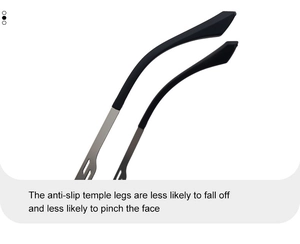 Detail of adjustable metal temples with non-slip black sleeves for comfortable wearing