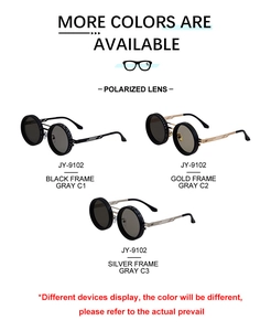 Detailed comparison of vintage round polarized sunglasses in black, gold, and silver metal frames