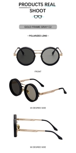 Detail view of steampunk round gold frame sunglasses with gray polarized lenses