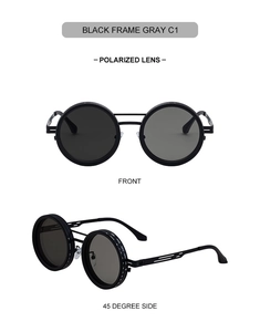 Macro view of steampunk polarized sunglasses with adjustable ND scale and black metal frame