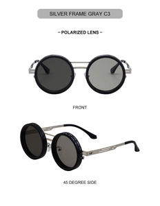 Detail of silver frame polarized sunglasses showing carved texture and rotating lens dial