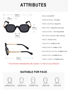 Detailed size chart of square polarized sunglasses with specific measurements in millimeters
