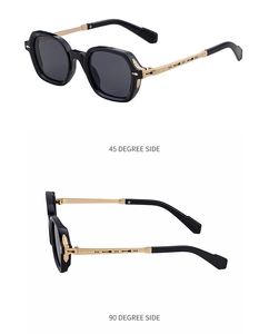 Detailed views showing golden arrow-shaped embossed temples and black polarized frame