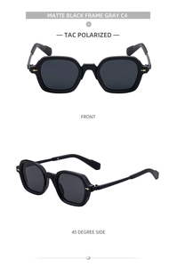 Detail view of matte black polarized square sunglasses with golden diamond rivets