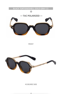 Detail view of square polarized sunglasses with black tortoiseshell frames and gold temples