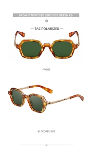 Front and side view of square tortoise sunglasses with TAC polarized green lenses