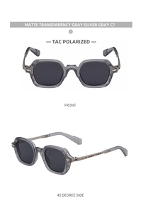 Detail view of matte transparent gray polarized sunglasses with TAC lenses and side hinges