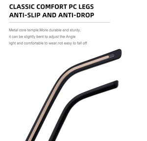 Detail of ergonomic black PC temples with reinforced metal core for square sunglasses