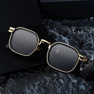 Vintage punk square sunglasses for men with bold gold metal frame and black lenses