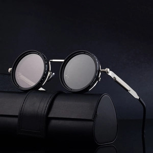 Steampunk adjustable ND2-400X polarized sunglasses with silver metal frame and leather case