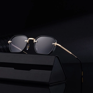 2025 Men's square punk sunglasses with black hexagonal lenses and gold metal frame