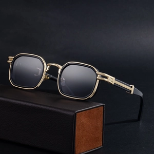 Mens vintage octagonal polarized sunglasses in black and gold with leather case