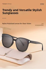 Detail of square polarized sunglasses with nylon lenses and a pink foldable leather case