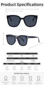 Detailed size specifications for square polarized sunglasses with TR frame and nylon lens