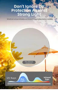 Polarized sunglasses lens showing UV and blue light protection in a beach setting