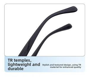 Detail view of lightweight TR material temple arms on these black square sunglasses