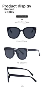 Detail view of black square polarized sunglasses with nylon frame and grey lenses
