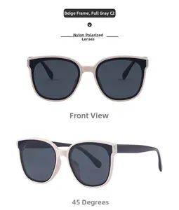 Detail view of square beige sunglasses with polarized nylon grey lenses from two angles