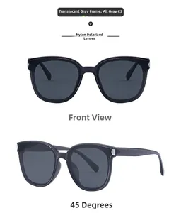 Detailed front and side views of transparent gray square polarized nylon sunglasses