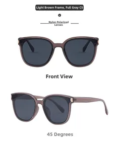 Detail of square polarized sunglasses with light brown frames and nylon lenses